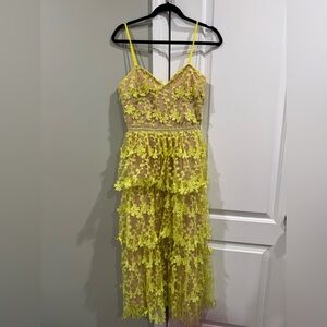 Vici Yellow Floral Lace Tiered Midi Dress